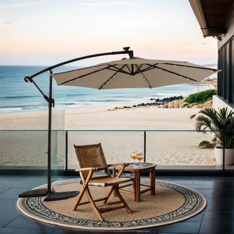 10ft Solar LED Offset Hanging Market Patio Umbrella