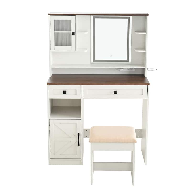 Rustic Makeup Vanity Desk with 3 Color Adjustable Touch Control Mirror, Built-in Power Outlets Dressing Table Set with Stool