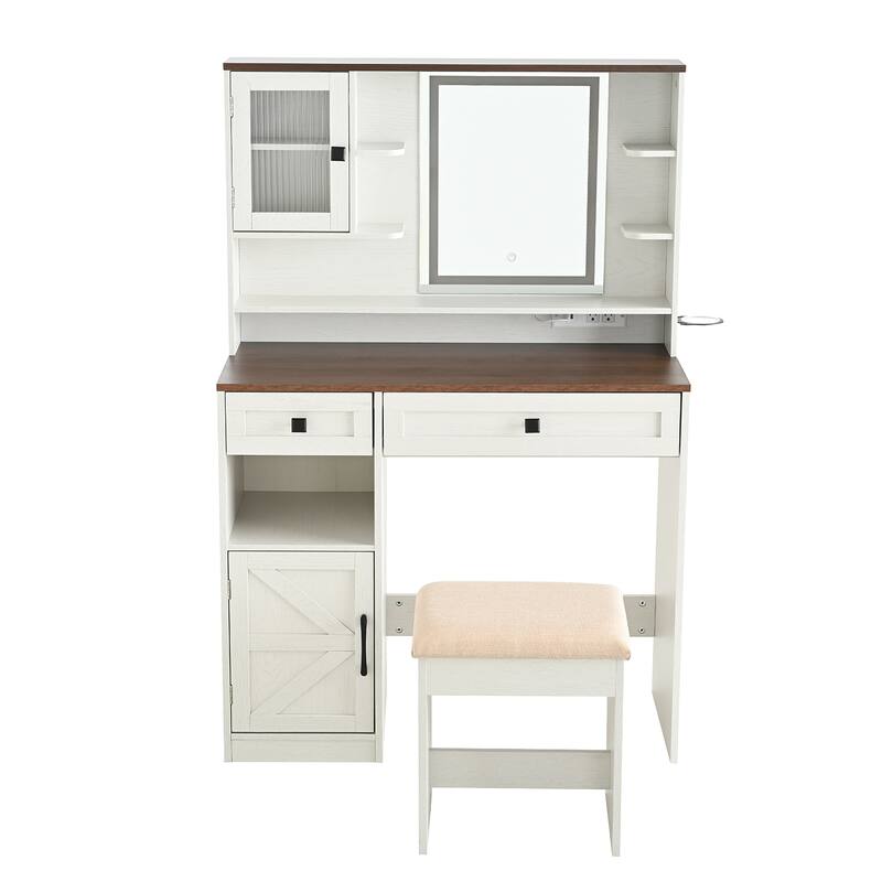 Vanity Desk with Touch Control Light Mirror, Dressing Table Set with Charging Station & Stool, Large Makeup Vanity Table