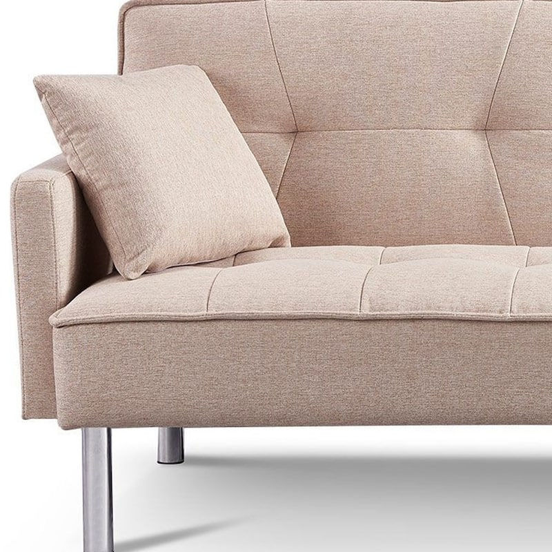 HomeRoots 85" Beige Polyester Blend Convertible Futon Sleeper Sofa And Toss Pillows With Silver Legs - 85