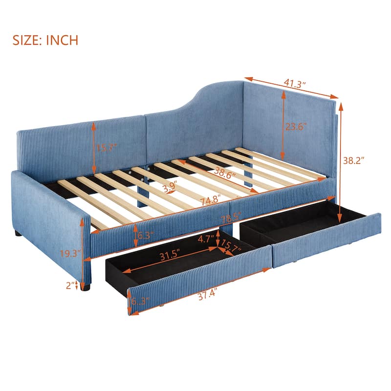 L-Shaped Corduroy Daybed,Upholstered Bed Frame with 2 Storage Drawers