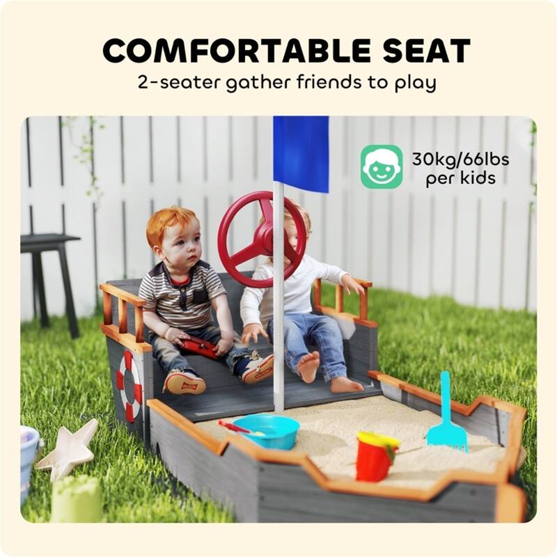 Dark Gray Pirate Ship Sandbox with Storage Bench and Fir Wood Construction for Kids Ages 3 to 6 Years
