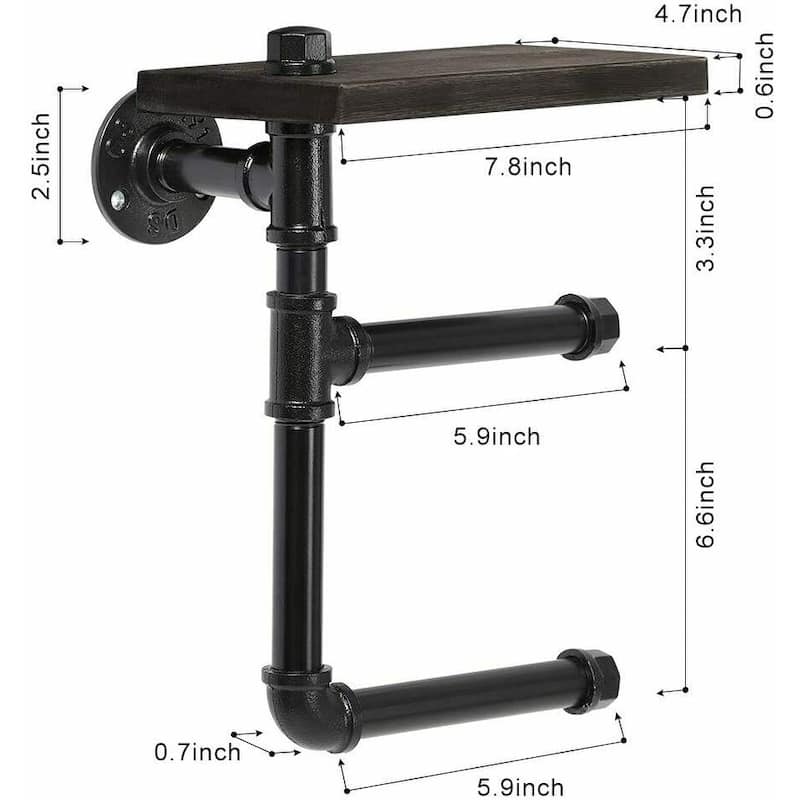 Double Wall-Mounted Wooden Shelf, Iron Metal Pipe Holder, Black