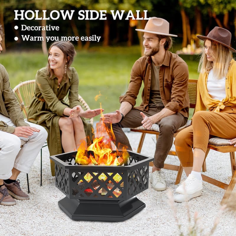 Hexagon Outdoor Fire Pit and BBQ Grill Black Steel with Mesh Lid Poker and Grill Grate 27.6 Inch - 27.6" L x 23.6" W x 23.6" H