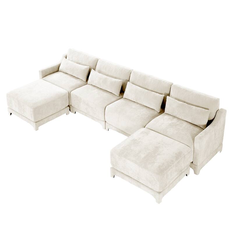 Modern Chenille 4-Seater Sofa with 2 Ottoman, Lumbar Cushions, Ergonomic Backrest, High-Resilience Spongeand Tufted Armrests