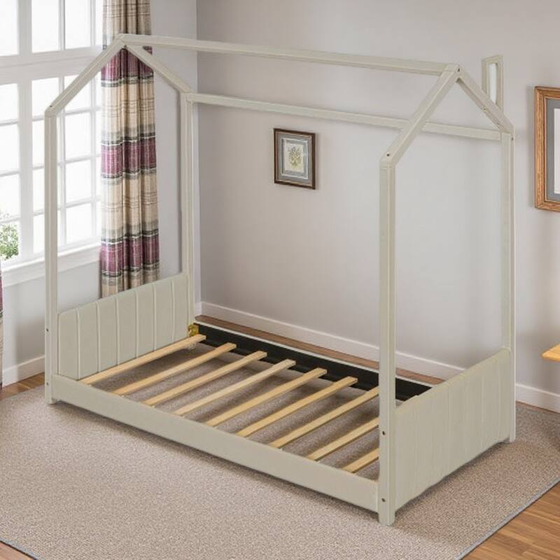 Beige Full Size Velvet House Bed Frame for Kids with Roof Design & Modern Headboard, Solid Wood Construction - Twin Beige - Twin