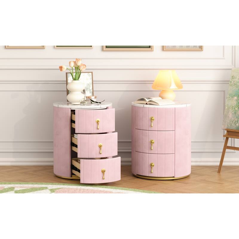 Set of 2 Upholstered 3-Drawer Nightstands - Round Marbling Top Bedside Table (Fully Assembled Except Handles, Pink)
