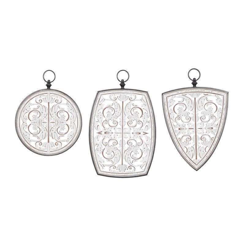 White Wooden Carved Design Floral Home Wall Decor with Ring Hanger (Set of 3)