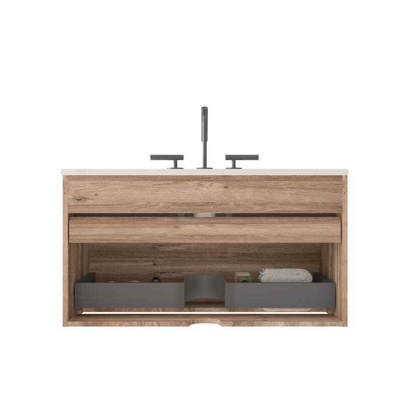 GDFStudio - Gloria Modern Wall-Mounted Floating Bathroom Vanity with Integrated Ceramic Basin & Soft-Close Drawers
