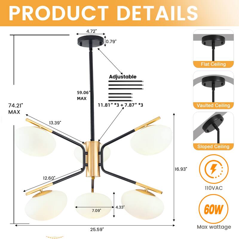 Black Modern Chandelier, 6-LightPendant Light with Glass Shade