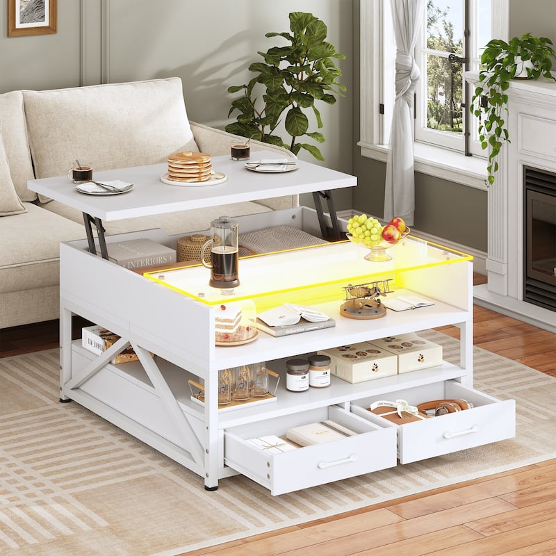 Coffee Table Lift Top 2 Drawers Hidden Compartment for Living Room