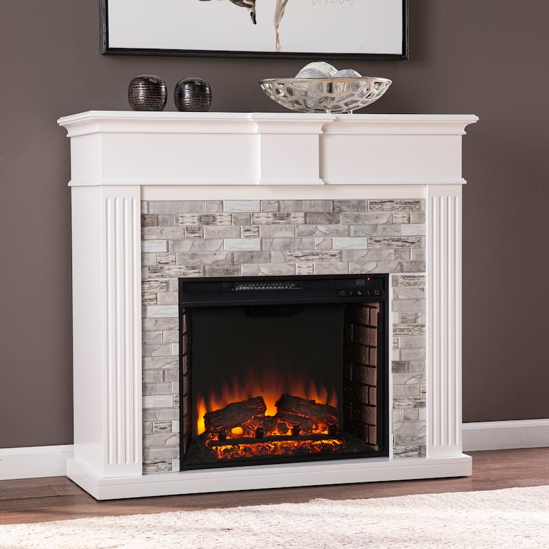SEI Furniture Blewett Transitional White Wood Electric Fireplace - Brick Accent Firebox