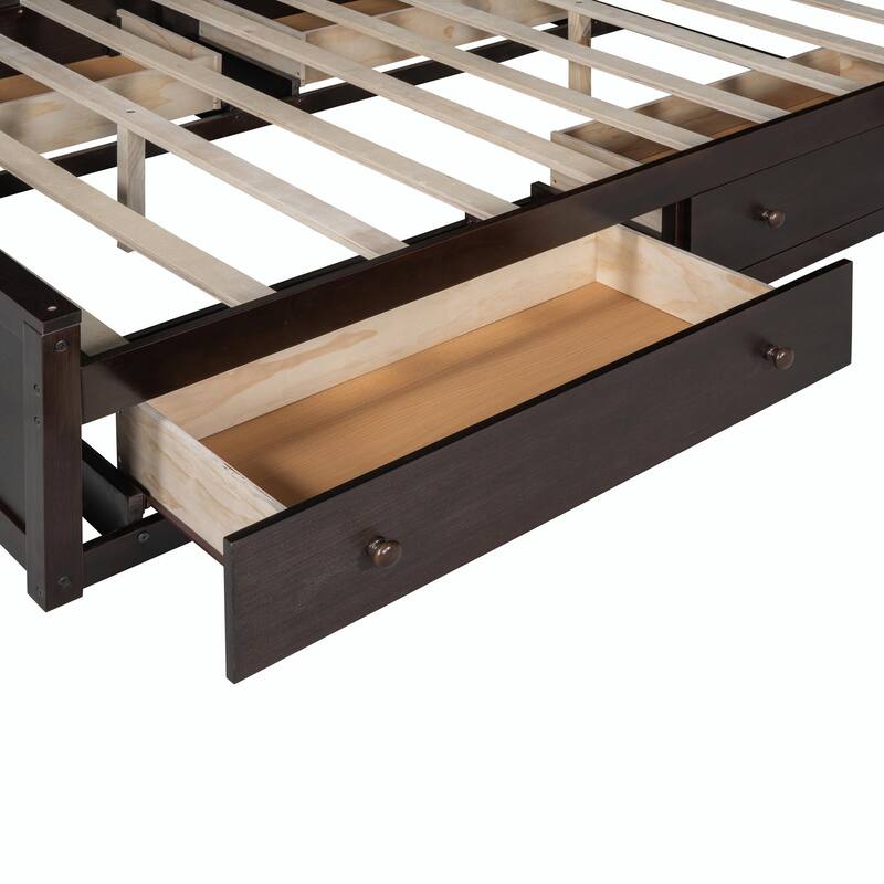 Wooden Bed with Built-in Cabinet, Shelf, and Sockets