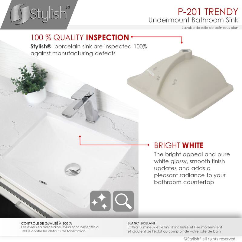 STYLISH Porcelain Rectangular 18 inches Undermount Ceramic Bathroom Sink with Overflow