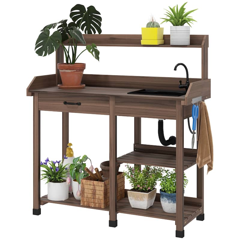 Outsunny Potting Bench Table, Includes Removable Outdoor Sink Station with Hose Hook Up, Wooden Work Station