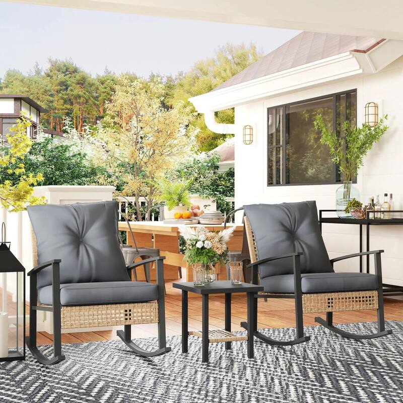 3-Piece Wicker Set, Rocking Chairs with Tufted Cushions,Coffee Table