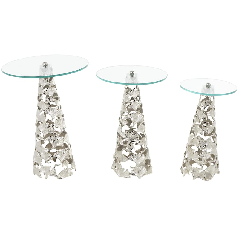 Aluminum Metal Floral Cutout Cone Shaped Accent Table with Tempered Glass Tabletop - Set of 3 Silver or Gold - Roche River Decor - Silver
