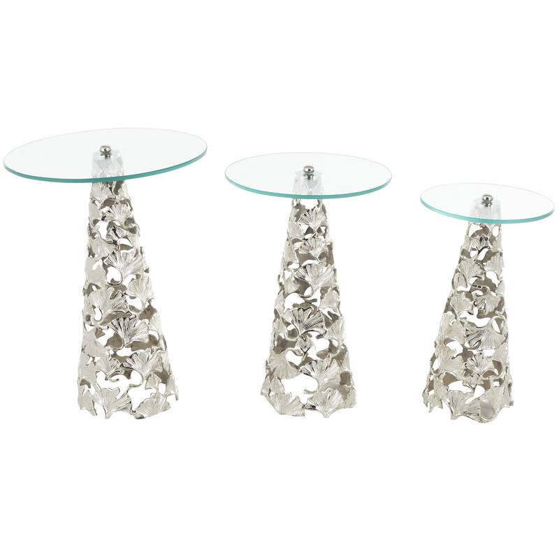 Gold or Silver Aluminum Metal Cutout Cone Shaped Floral Side End Accent Table with Tempered Glass Tabletop (Set of 3)