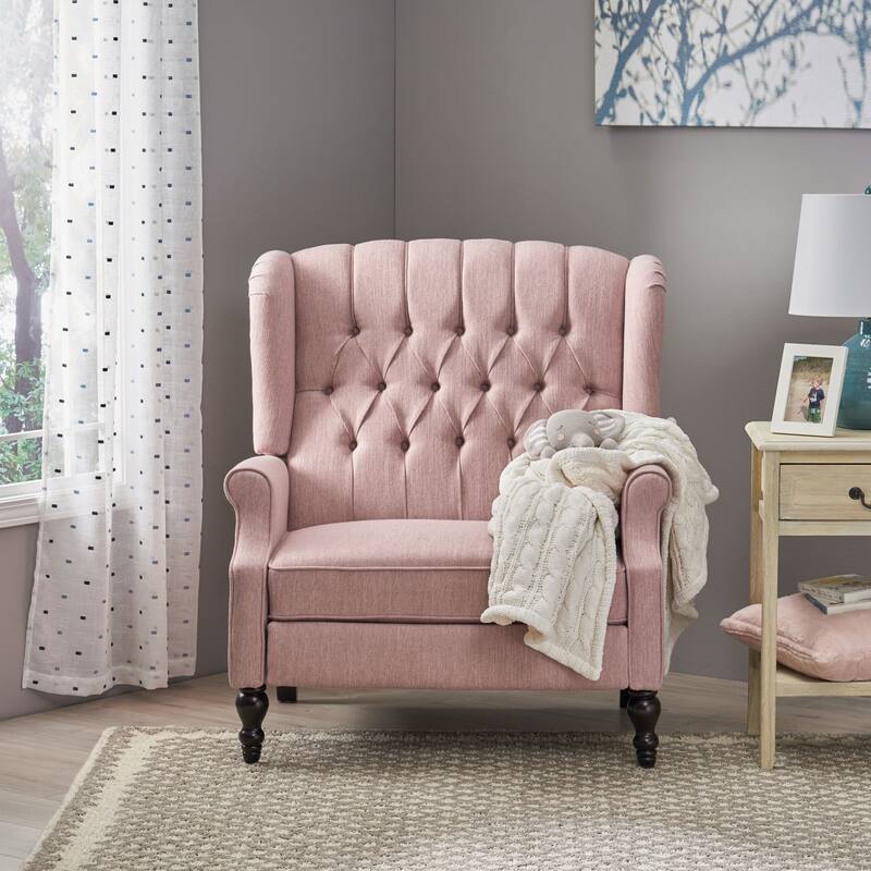 Oversized Wingback Push-Back Recliner with Footrest, Tufted Back, Nailheads - Blush