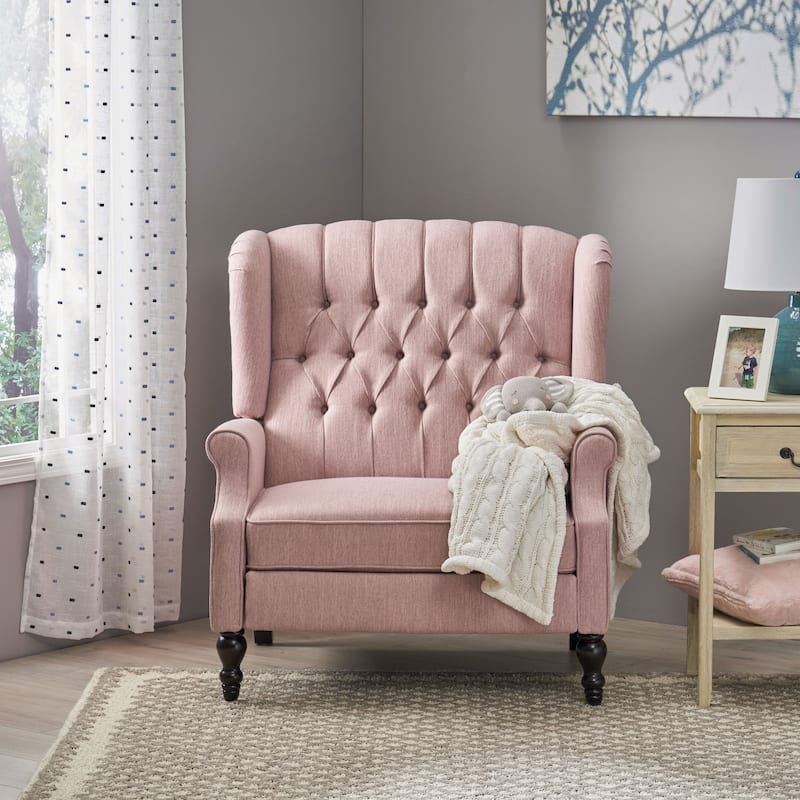 Roomfitters Tufted Wingback Recliner Chair with Rolled Arms and Turned Wood Legs, Lounge Accent Chair for Living Room - Pink