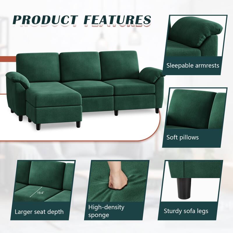 Futzca ​Sectional Sofa Couch, 3 Seat L Shaped Sofa with Removable Pillows