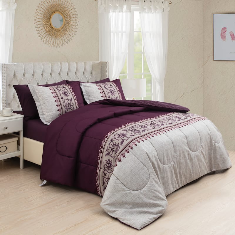 Bed in a Bag Soft Fluffy Goose Down Alternative Printed Comforter Set Includes Sheet Set, Modern Eggplant Aster Floral Pattern - Eggplant, Purple, Taupe - Full