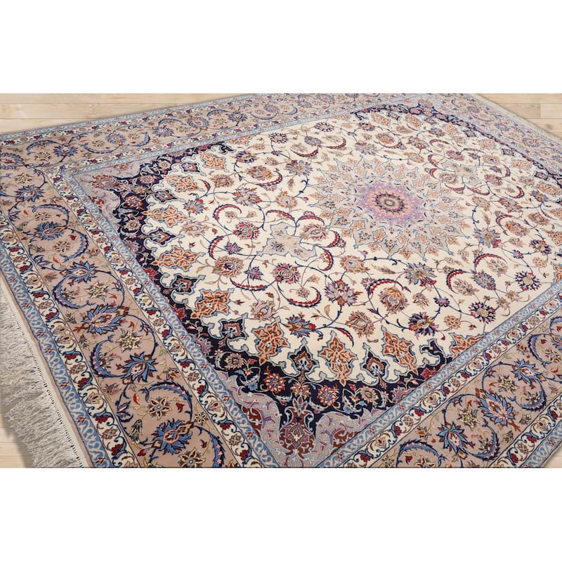 Hand Knotted Isfahan Cream Persian Wool & Silk Traditional Oriental Area Rug - 8' 5'' x 11' 9''