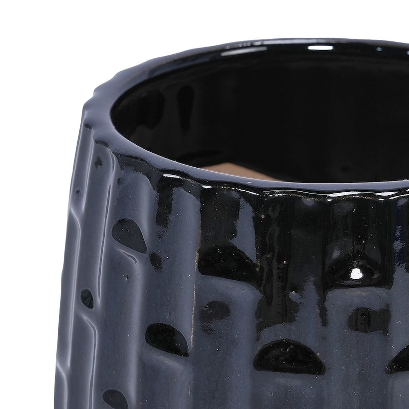 Set of 2 Handmade Ceramic Planters, Includes Saucers, Vertical Ribbed