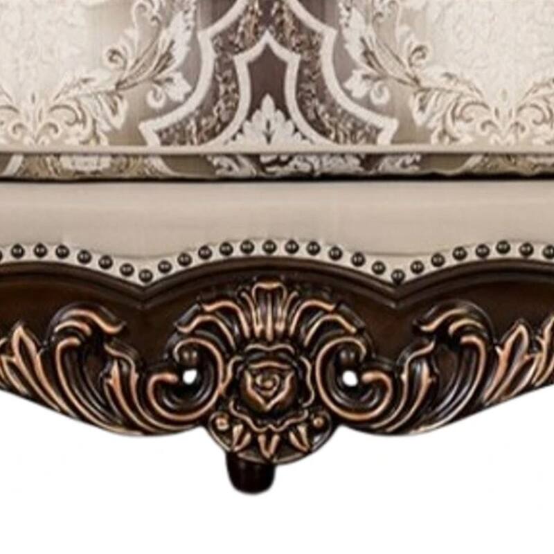 Puhi Accent Armchair w Lumbar Pillow, Beige Fabric, Ornate Carved Wood