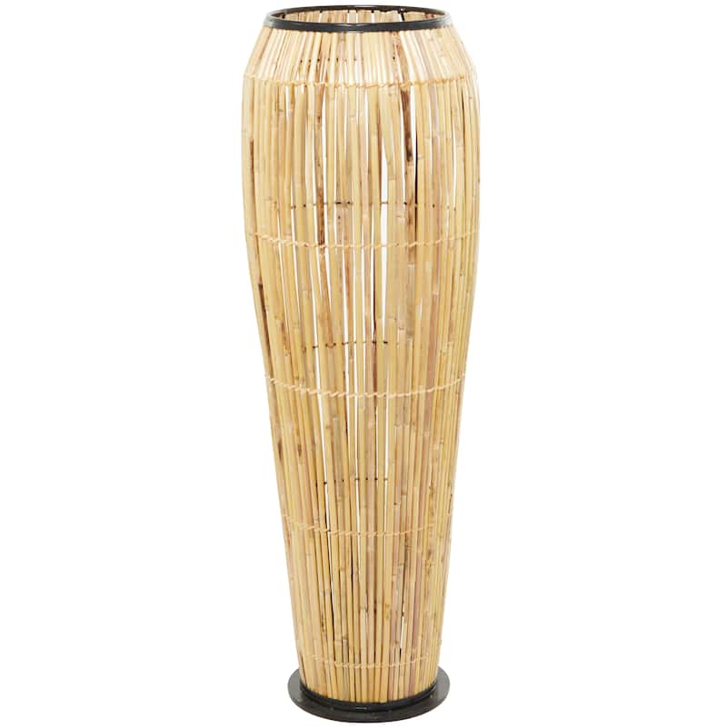 Brown Wicker Wood and Rattan Handmade Slatted Frame Vase with Black Metal Accents
