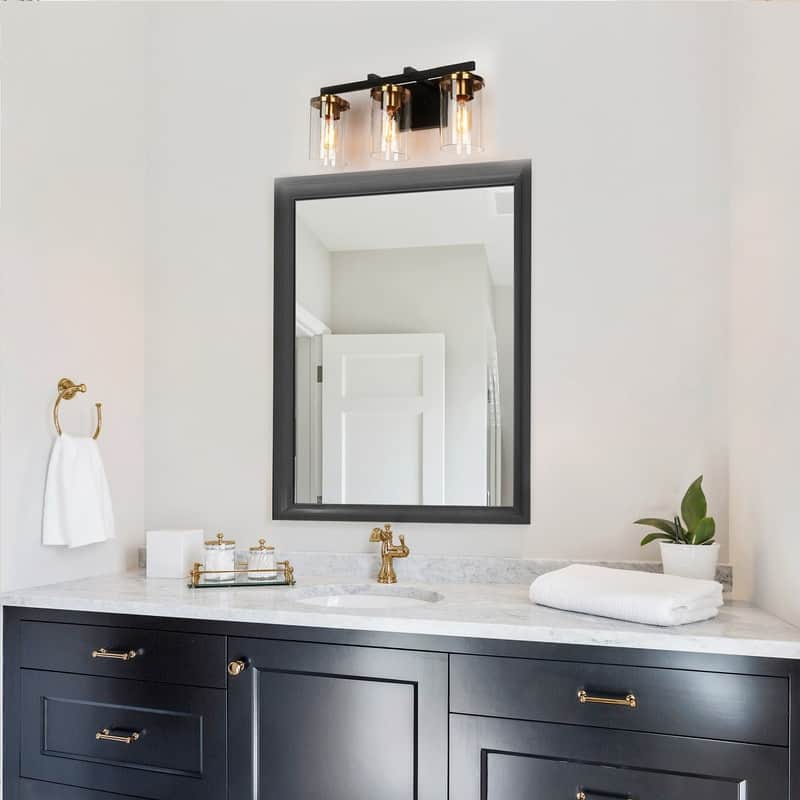 Black Gold 3-Light Modern Bathroom Vanity Lights Linear Wall Lighting with Cylinder Glass