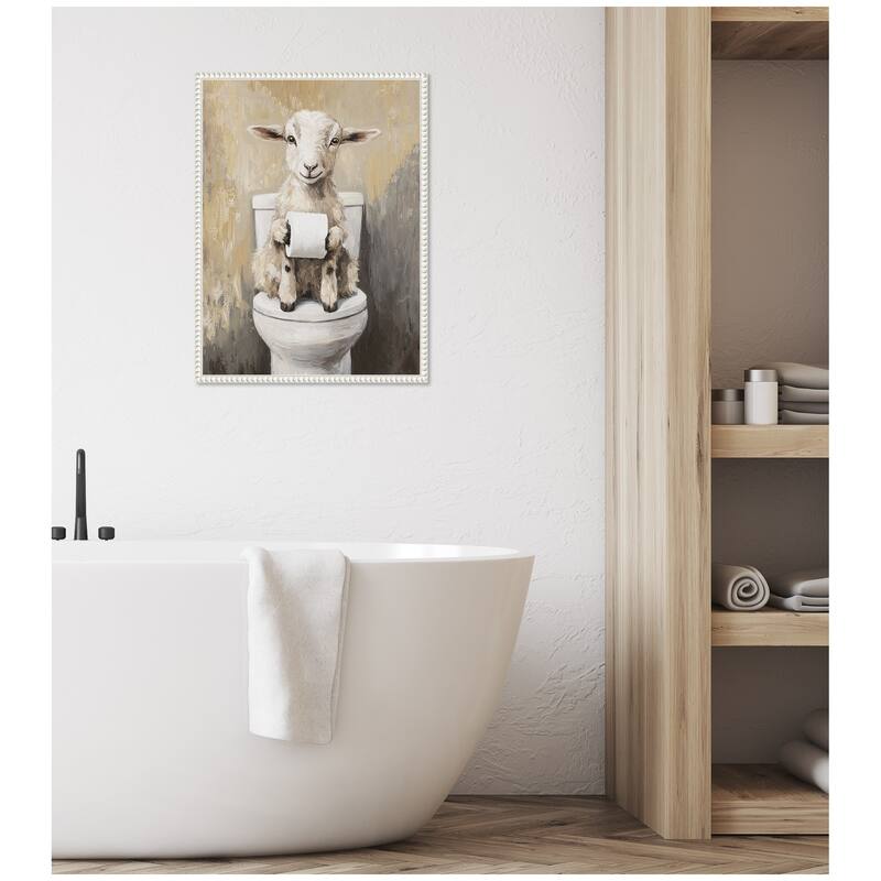 Kate and Laurel Sylvie Goat Holding Toilet Paper Roll Toilet Bathroom Art Framed Canvas by The Creative Bunch Studio