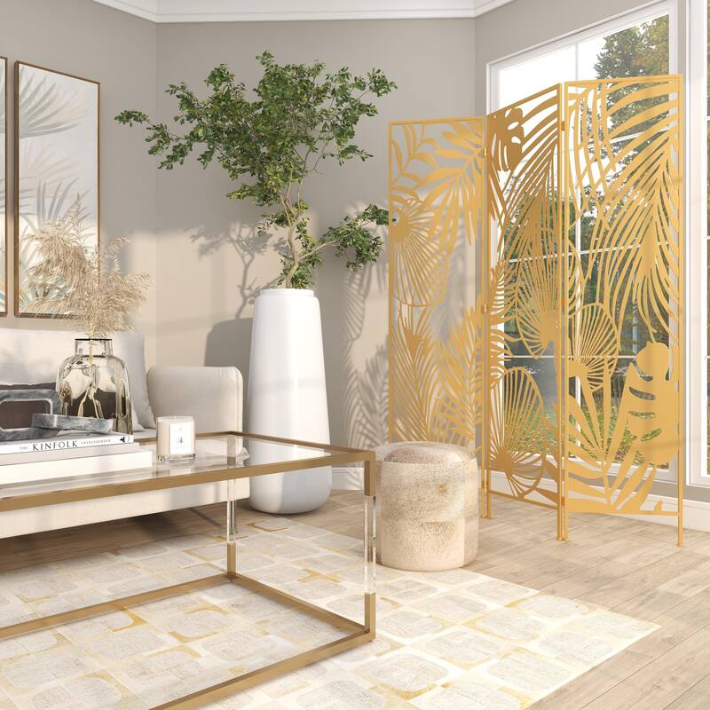 Gold Metal Foldable Partition Cutout Palm Leaf 3 Panel Leaf Partition Room Divider Screen