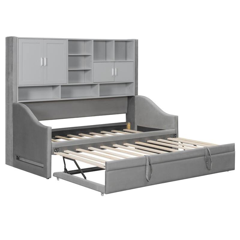 Twin Size Upholstered Daybed with LED Armrest Lights, Shelves & Cabinets, Twin Trundle