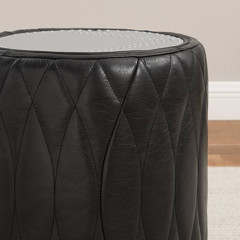 Art Leon Industrial Aluminum and Genuine Leather Ottoman Stool