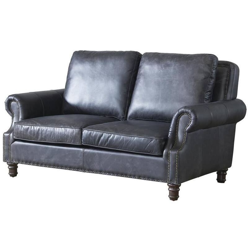 English Rolled Arm Love Seat - Leather - Slate