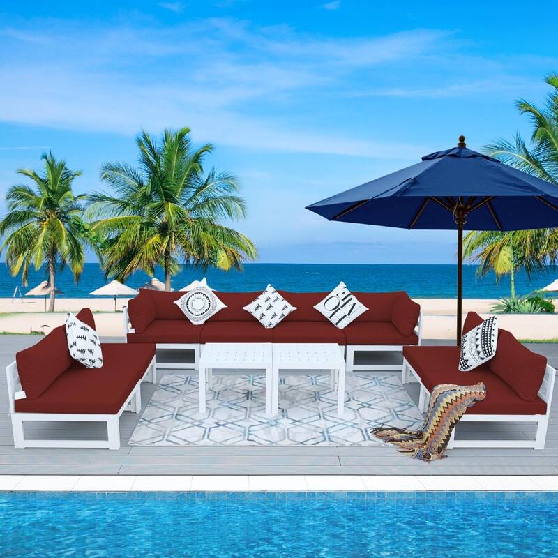 FINCATI White Aluminum Modern Patio Furniture Sectional Sofa Set with Cushion - 10 Pieces - Red