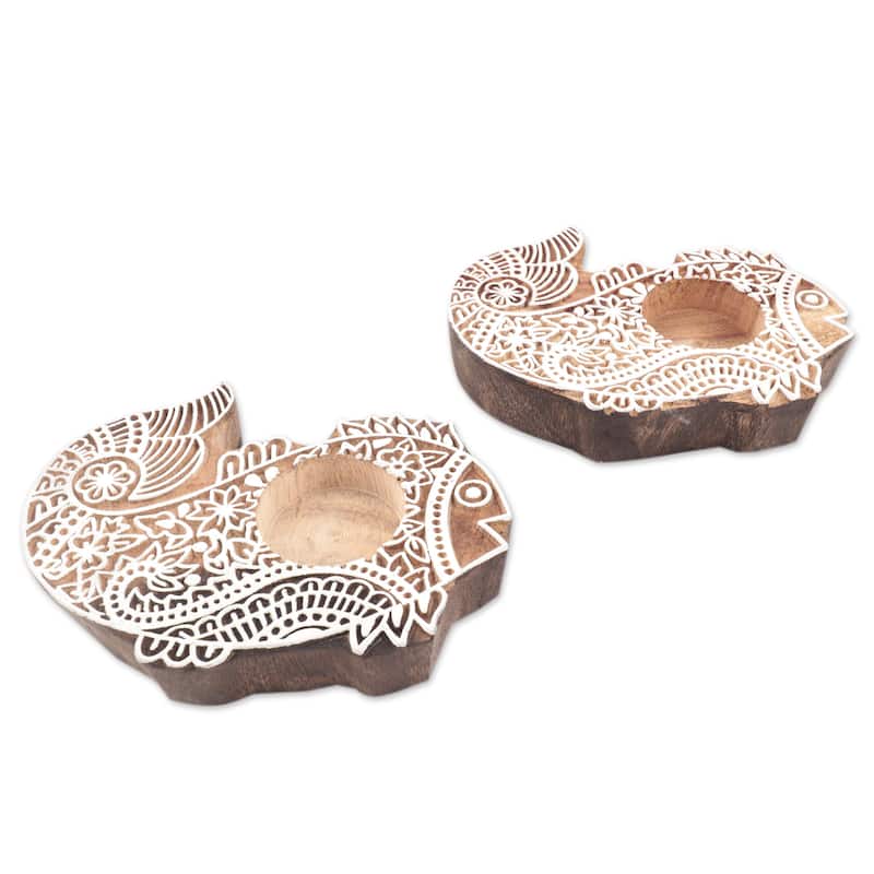 Novica Handmade Finned Friends Wood Tealight Candle Holders (Pair)