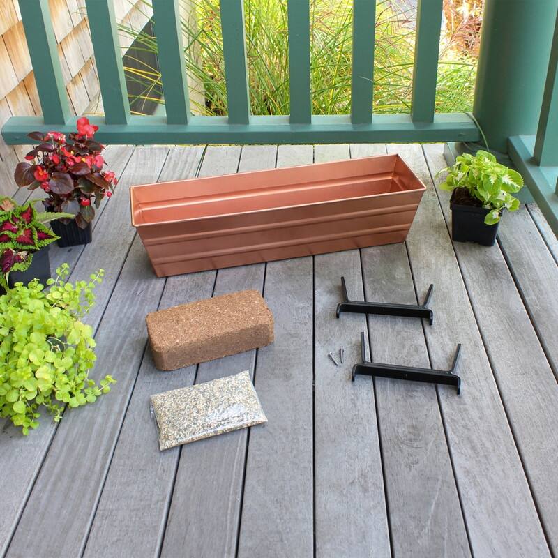 Achla Designs 22" W Small Galvanized Steel/Wrought Iron Bloom Box Garden Growing Kit With Brackets for 2 x 6 Railings