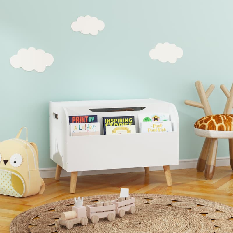 Wooden Toy Box, Kids Toy Storage Organizer with Front Bookshelf - White