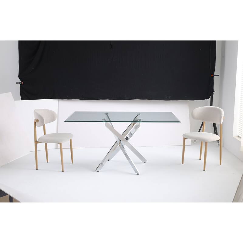 Modern rectangular tempered glass table and silver iron frame