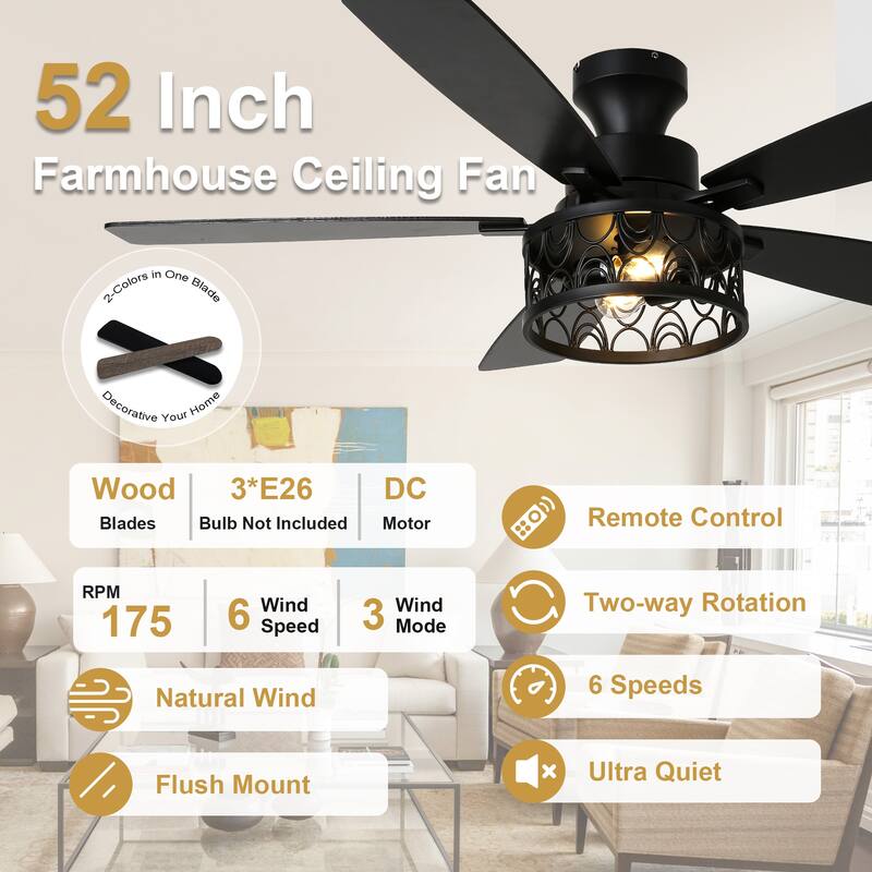 Cusp Barn 52-In Farmhouse Flush Mount Ceiling Fan with Lights and Remote Control, Black Caged Low Profile Chandelier Ceiling Fan