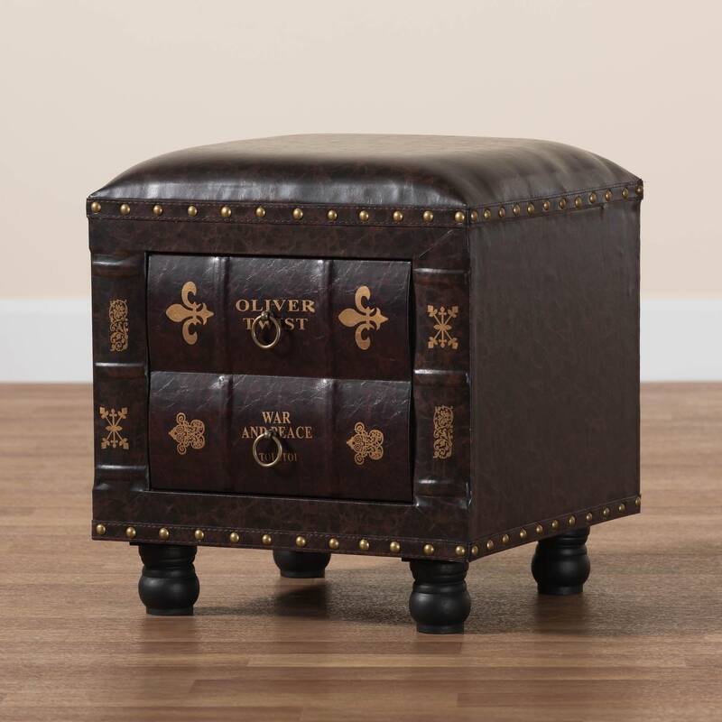 Rustic Dark Brown Faux Leather Storage Ottoman with Book Spine Drawer