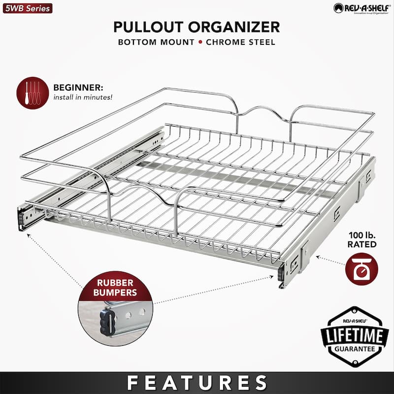 Rev-A-Shelf Pullout Single Basket Organizer for Kitchen Cabinets, 24 x 22 In, 5WB1-2422CR-1 - 23.5"W x 22"D x 6"H