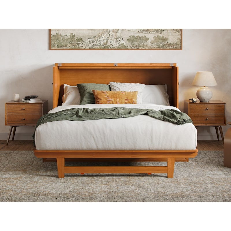 Solid Wood Murphy Bed Chest with Mattress & Charger - Space Saving Bed for Guest Room, Studio Apartment