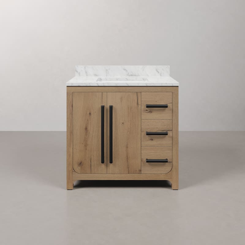 Perris 36" Single Sink Bathroom Vanity With Engineered Carrara White Marble Top In Weathered Oak
