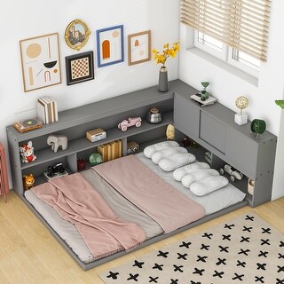 Full Size Pine Wood Storage Floor Bed Frame with L-Shaped Bookcases, Sliding Doors, No Need Spring Box, Grey