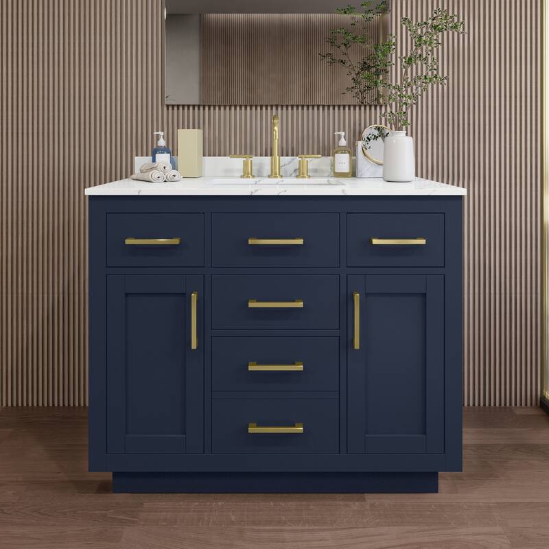 Wyndham Collection WCG262642S-QTZ-US3MXX Beckett TK 42" Free Standing - Dark Blue / Giotto Quartz Top / Brushed Gold
