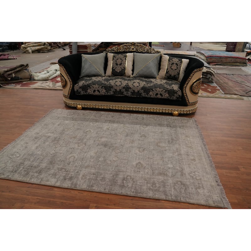 Hand-knotted Transitional Silk Carpet Grey Oushak Rug Floral Oriental Area Rug - 8' 0'' X 5' 7''