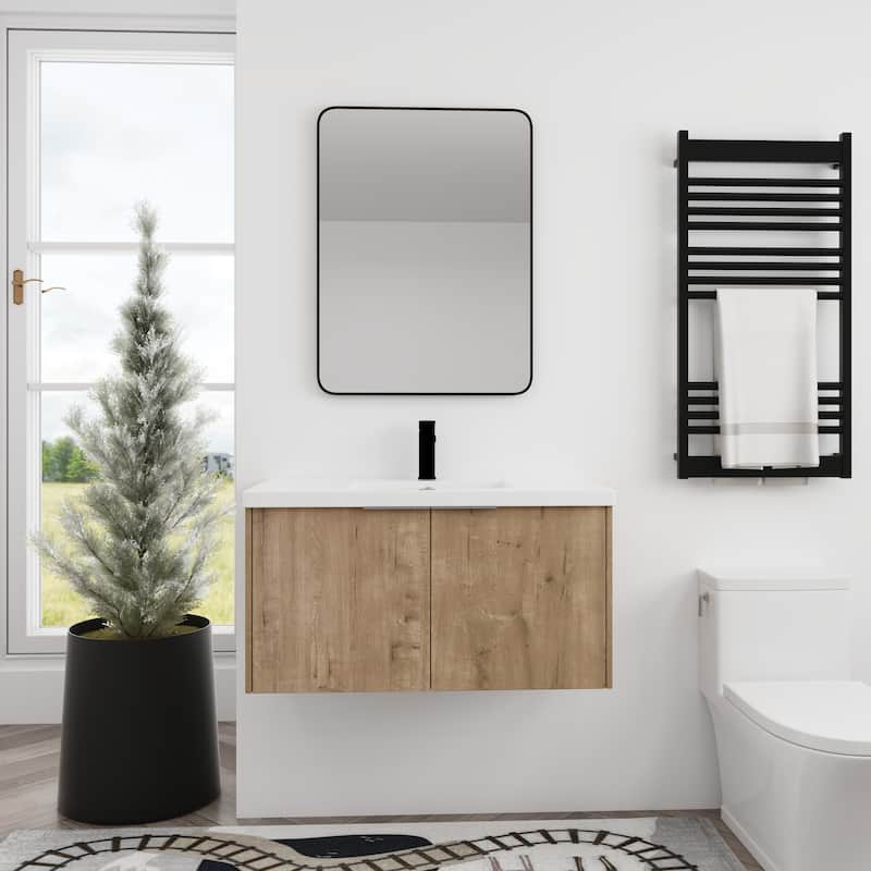 BNK 24"/30"/36" Single Sink Bathroom Vanity with Soft Close Door, Modern Floating Vanity - 35.4"W x 18.1"D x 19.3"H - Imitative Oak